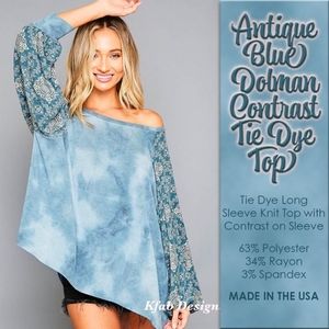 ANTIQUE BLUE DOLMAN CONTRAST TIE DYE TOP